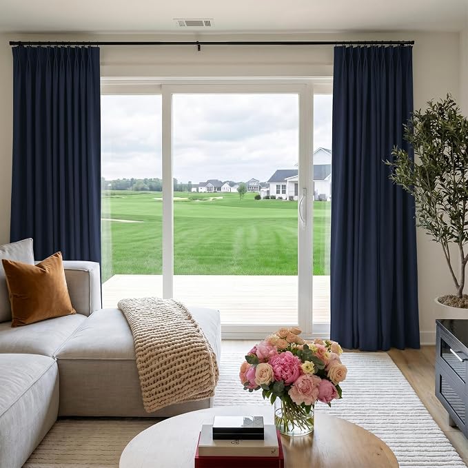 Pinch Pleated Full Blackout Faux Linen Curtains 102 Inches Long | Midnight Blue - Image 4