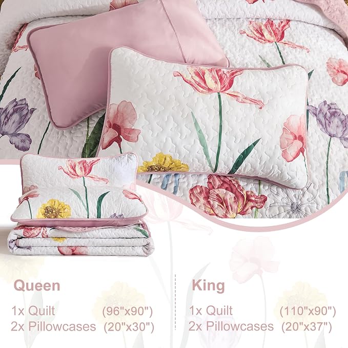 WONGS BEDDING Pink Quilt Set King, 3 Pieces Colorful Delicate Floral Bedspread - Image 7