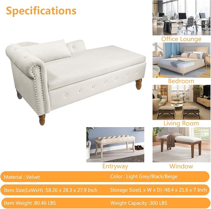 Aoowow Velvet Bedroom Storage Bench End of Bed, Rolled Arm Couch Indoor Chaise - Image 2