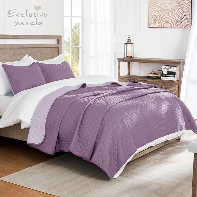 Exclusivo Mezcla Reversible King Size Quilt Bedding Set, Dusty Lavender | - Image 2