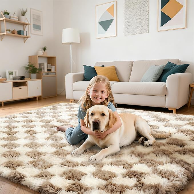 Beige and White 3x5 Area Rugs for Bedroom, Fluffy Rug Small Bedside Carpet | - Image 5