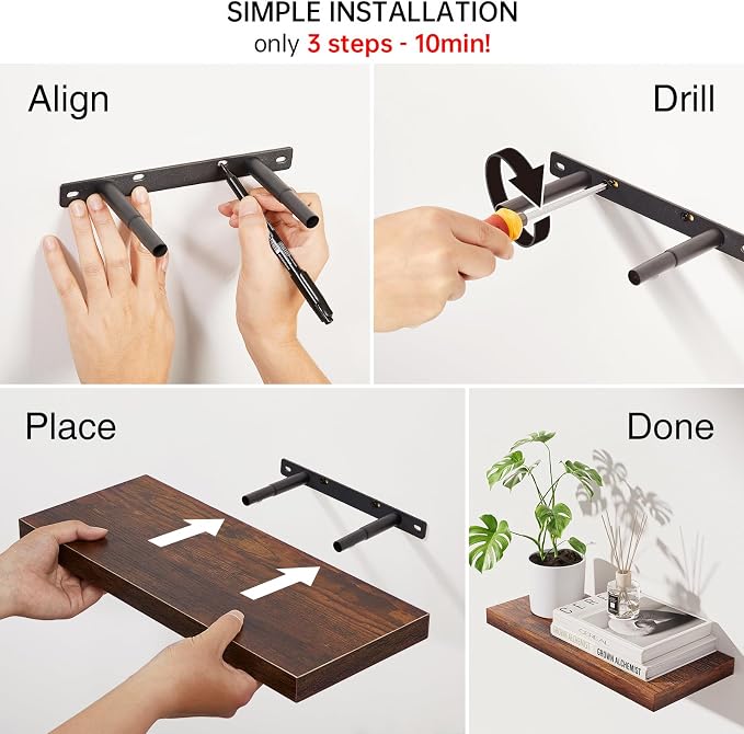 BAYKA Rustic Brown Bathroom Floating Shelves, Wall Mount Shelf | Easy Install - Image 8