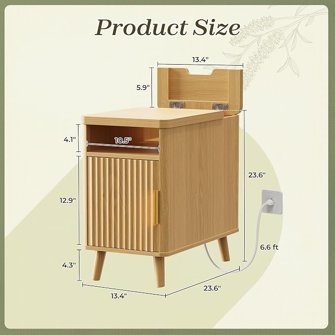 Huuger Narrow End Table with Charging Station, USB-C Port | Fluted Nightstand - Image 2