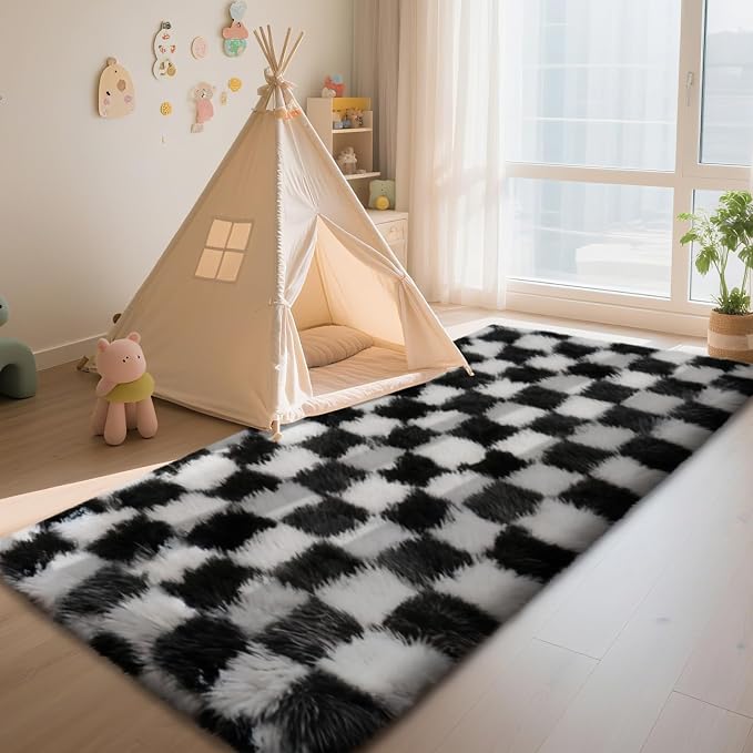 Black and White 3x5 Area Rugs for Bedroom, Fluffy Rug Small Bedside Carpet | - Image 3