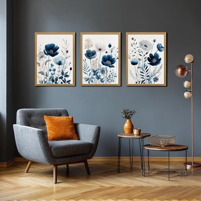 LLEEMPI Navy Blue Floral Wall Art Set of 3, 12x16 Wood Framed Canvas Prints | - Image 2