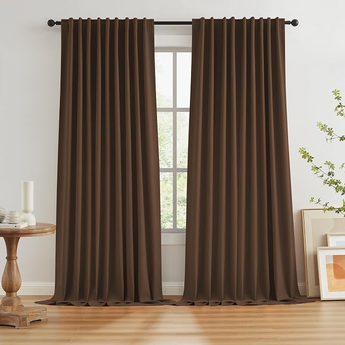 Brown Blackout Pleated Look Curtains 96 Inches Long 8 ft Length by KEQIAOSUOCAI