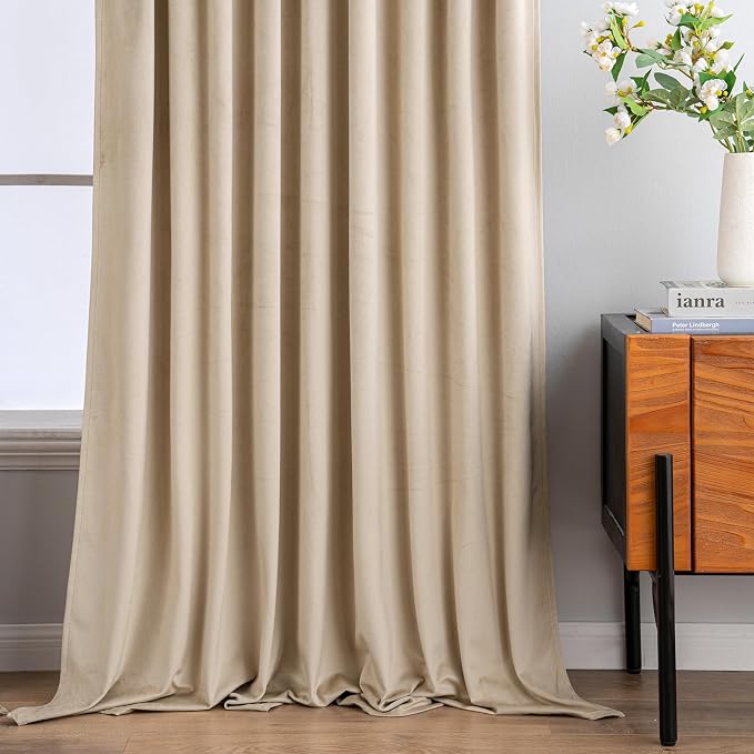 MIULEE Camel Beige Velvet Pinch Pleat Blackout Curtains W52 X L90 Inches | 2 - Image 7