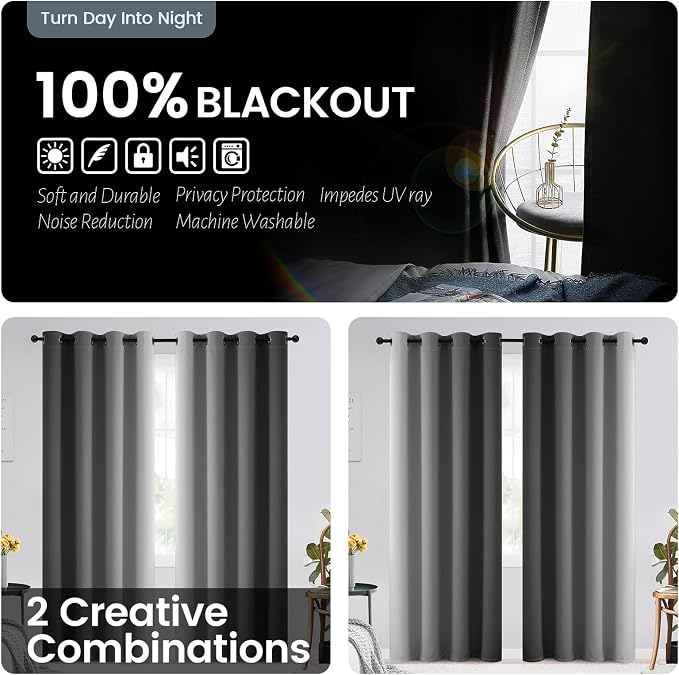 SimpleHome 100% Blackout Ombre Bedroom Curtains Black and Greyish White - Image 3
