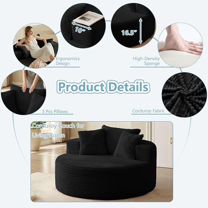 55'' Oversized Round Lounge Chaise Chair, Corduroy Upholstered Indoor Chaise - Image 5