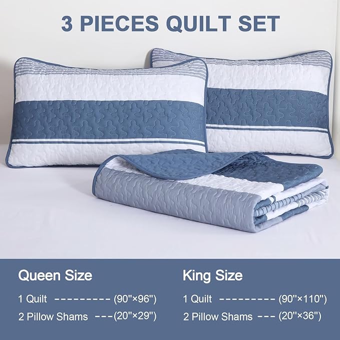 Dinjoy California King Striped Quilt, Mineral Blue Lightweight Bedspread | Soft - Image 7