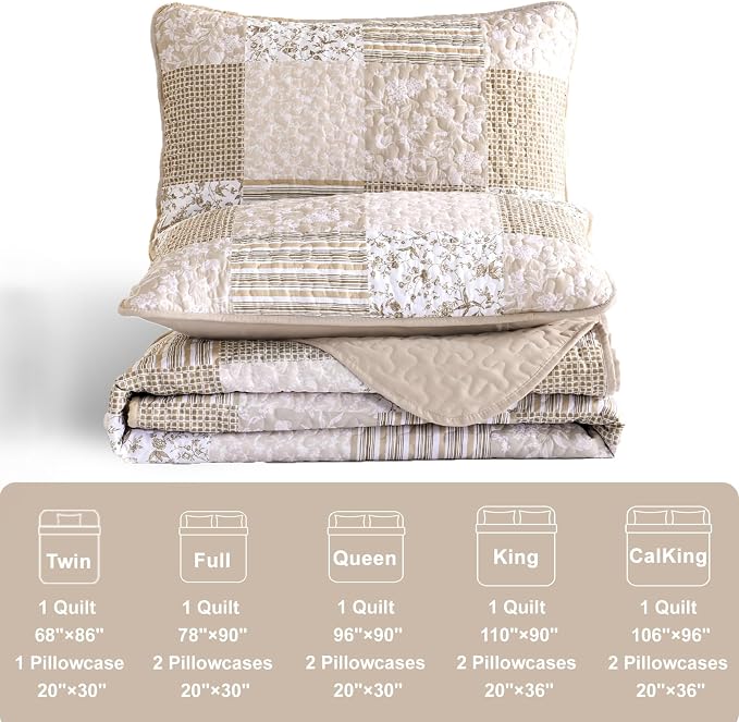 Mybedsoul Beige Boho Quilt Set Cal King Size, 3 Pieces Plaid Floral Bedspread - Image 5