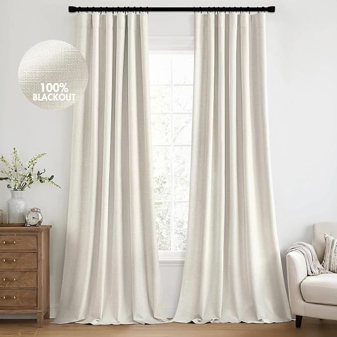MIULEE 100% Blackout Back Tab Pleat Linen Curtains 50" Wx120 L, Thick Faux Linen - Image 2