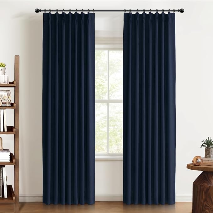 Pinch Pleated Full Blackout Faux Linen Curtains 102 Inches Long | Midnight Blue by 100BlackoutShield