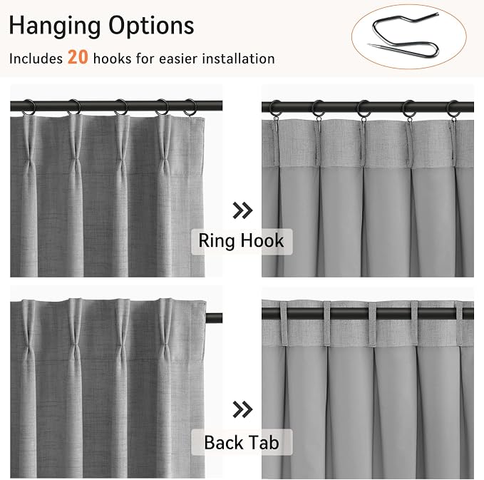 Pinch Pleated Full Blackout Faux Linen Curtains 80 Inches Long | Dark Grey - Image 3