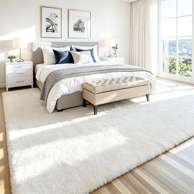 9x12 Fluffy Area Rug for Living Room: Soft Non-Slip White Bedroom Carpet | - Image 3
