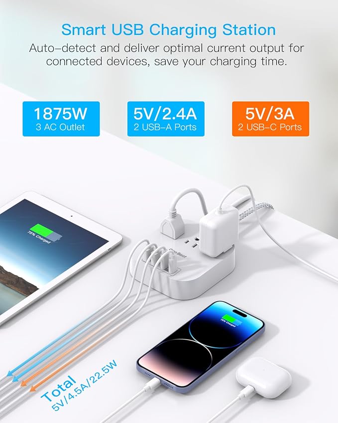 One Beat Power Strip with USB C, 3 Outlets 4 USB Ports, 10ft Braided Extension - Image 2