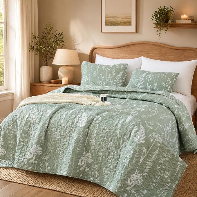 JANZAA Quilt King Size, Sage Green Quilt Floral Bedspread 3 Pcs Bedding Set | by JANZAA