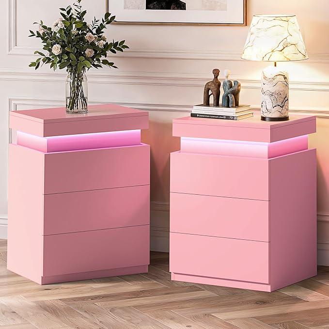 ADORNEVE Pink Nightstand with Charging Station and LED Lights | Night Stand - Image 7