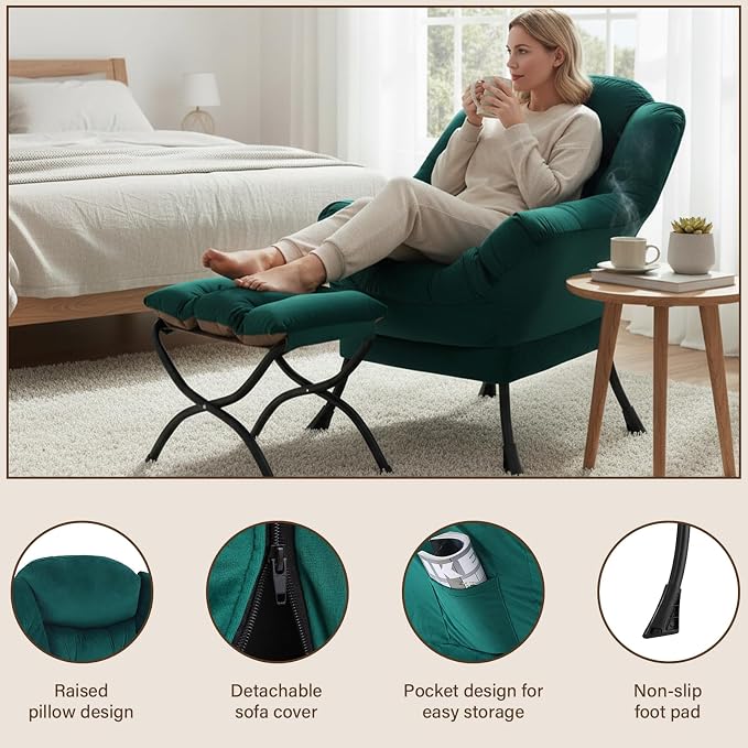 Welnow Lazy Chair with Ottoman, Reading Chair with Footrest, Dark Green | A - Image 4