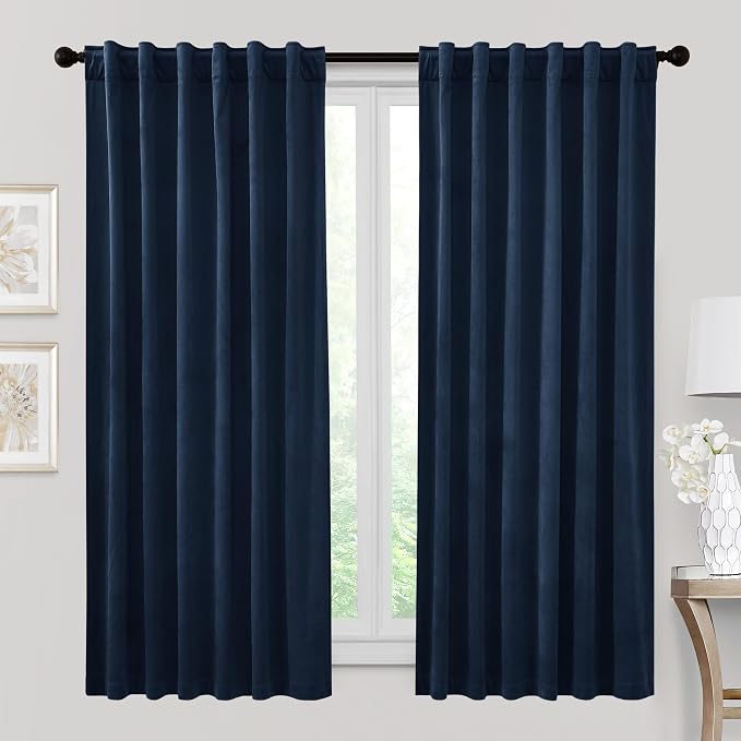 RYB HOME Navy Blue Velvet Curtains & Drapes 72 inches Long by RYBHOME