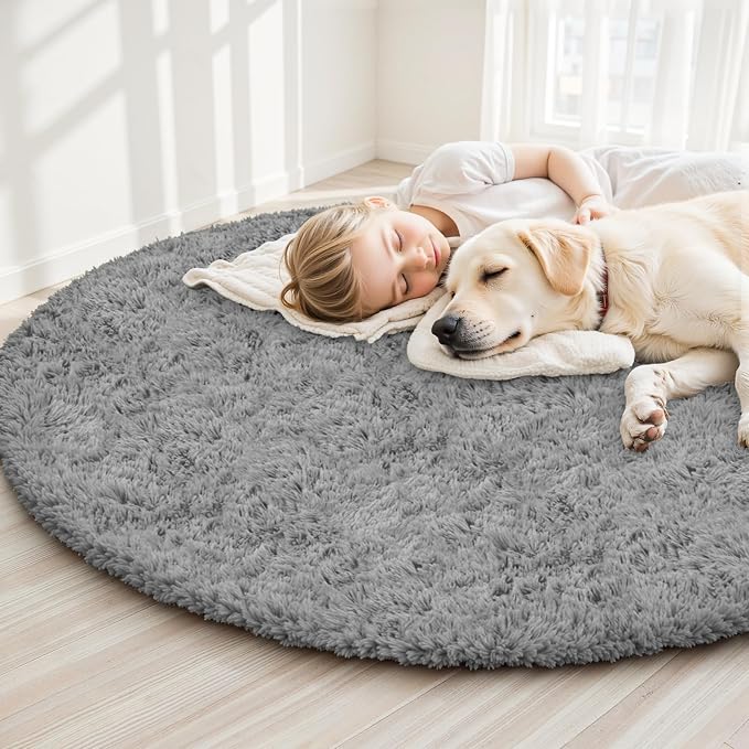 Light Gray Round Fluffy Rug 5ft Plush Fuzzy Shaggy Carpet | Soft Rugs - Image 3