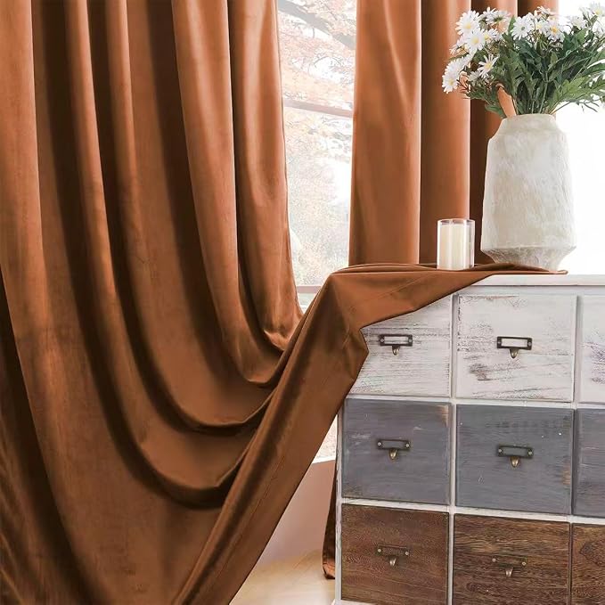 Timeper Burnt Orange Velvet Curtains 63 inches 2 Panels, Light Blocking Curtains - Image 6