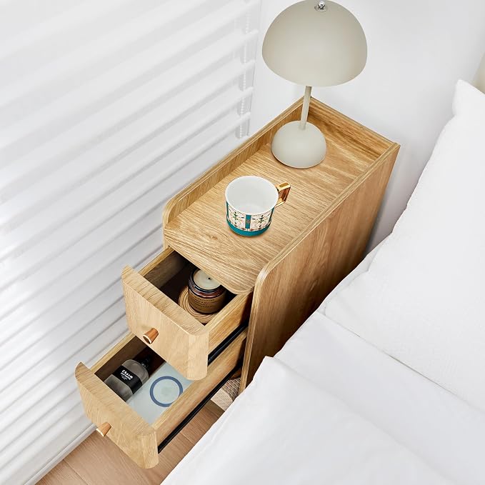 Narrow Nightstand Set of 2, Wooden Small 2 Drawer Nightstand, Slim Side End - Image 3