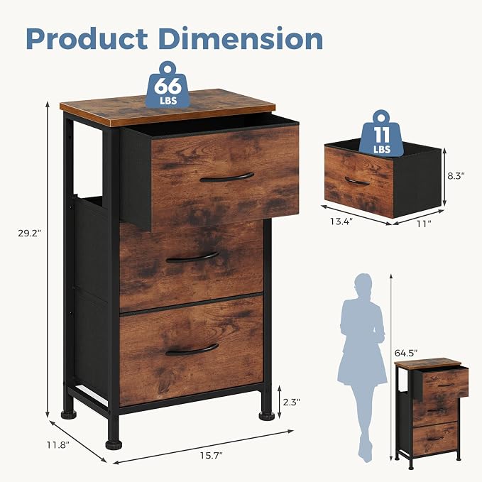 DUMOS 3 Drawer Nightstand for Bedroom, Small Night Stand Chest of Drawers | - Image 3