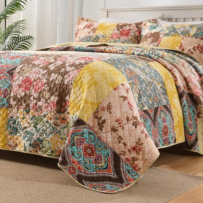 Autumn Dream Cotton Bedspread Yellow Floral Bedding Quilt Sets, King Size | - Image 5