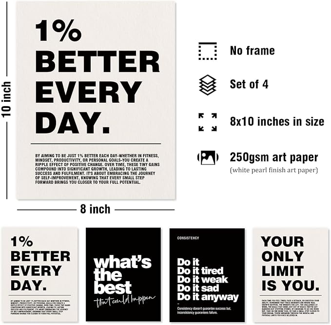 DSHFG Motivational Inspirational Office Wall Art Decor Prints Set of 4 | Black - Image 2