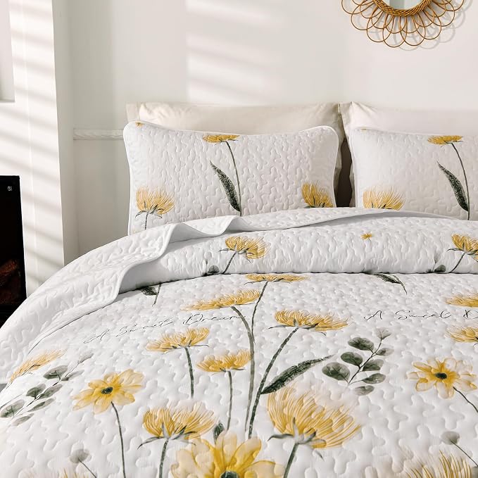 Dinjoy Twin Quilt Set, 2 Pieces Yellow Floral Bedspread Bedding Set | Mustard - Image 7