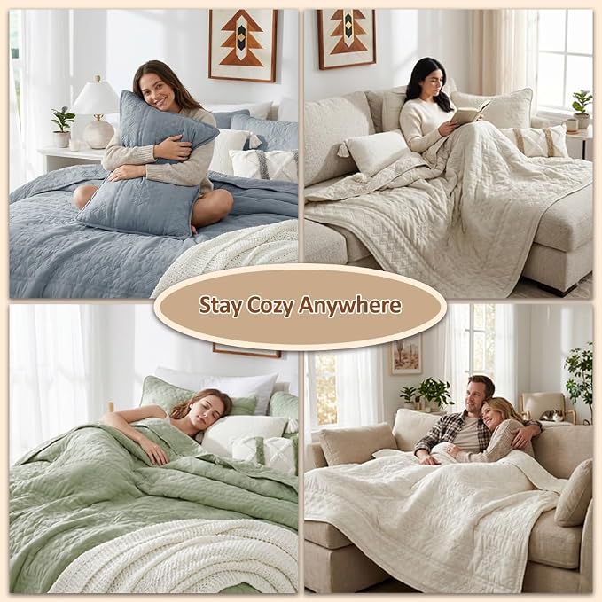 WDCOZY Boho Blue Grey Oversized California Cal King Size Quilt Bedding Sets - Image 5