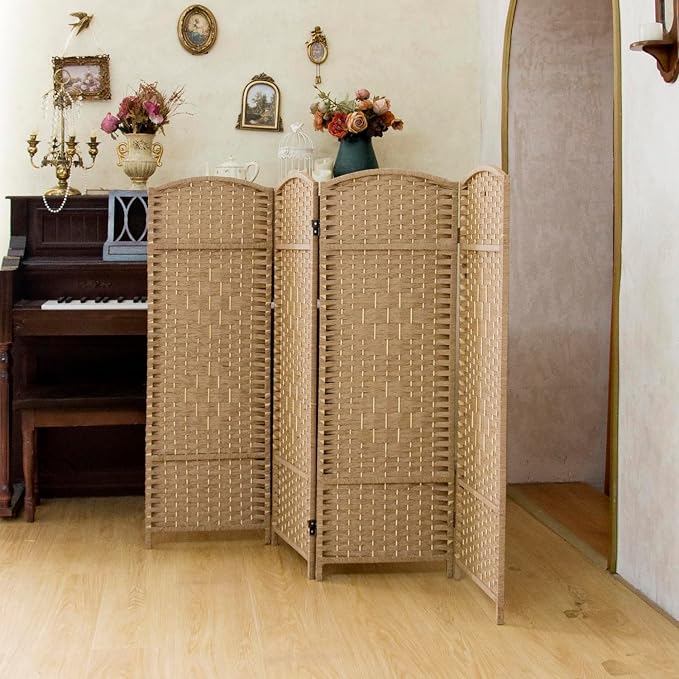 Compact 4 Panel Short Room Divider, 47.2 Inch Tall Double-Sided Rattan Folding - Image 3