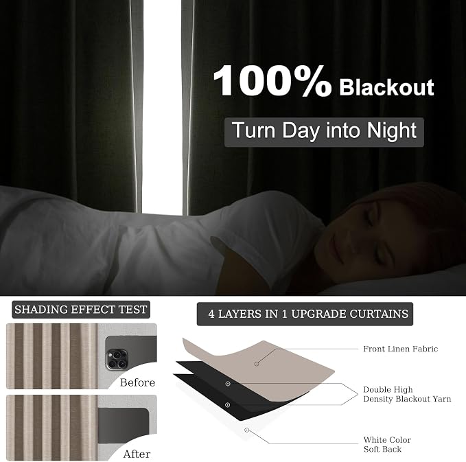 Topfinel 94 Inches Long Taupe Flax Custom Blackout Linen Curtains, Viral Ivory - Image 6