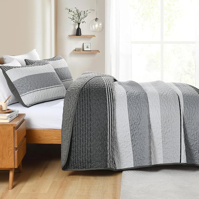 Dinjoy Full Boho Striped Quilt Set, Balck White Lightweight Bedspread | Soft - Image 6