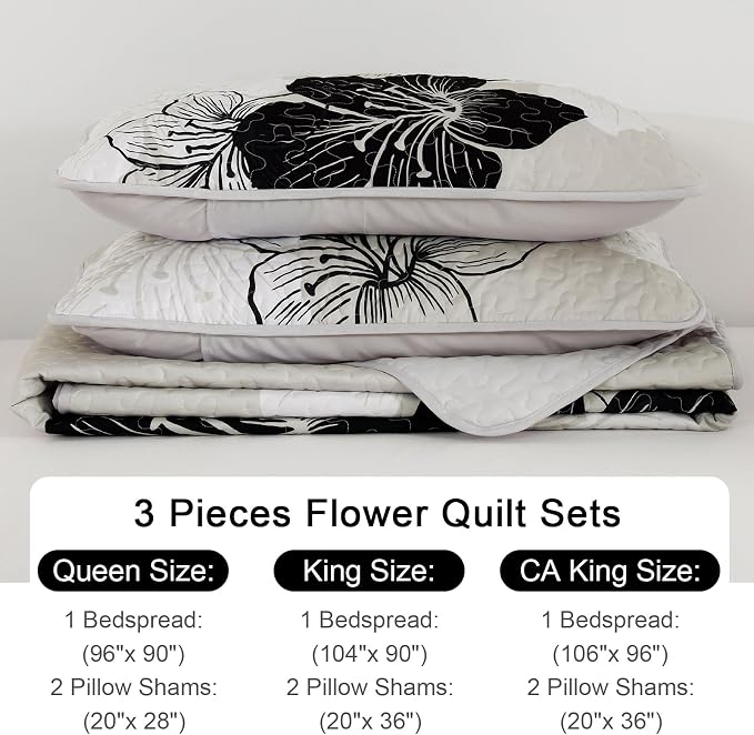 DJY Black White Quilt Queen Size, Boho Floral Bedding Bedspread Set 3 Pcs | - Image 6