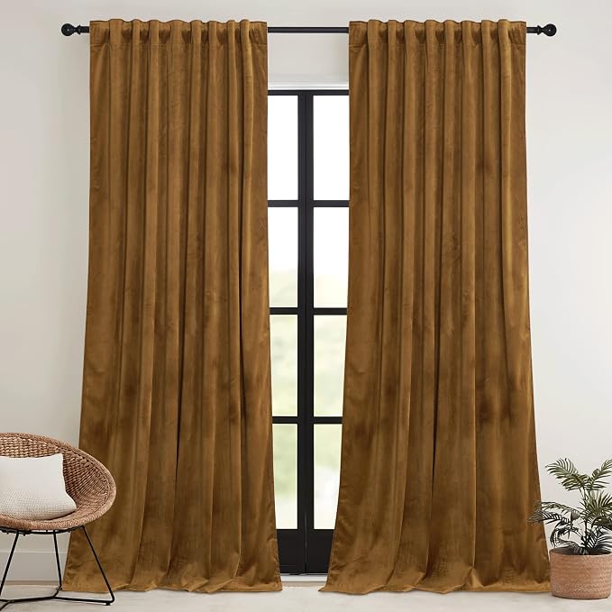 RYB HOME Gold Brown Velvet Curtains 72 inches Length - Image 2