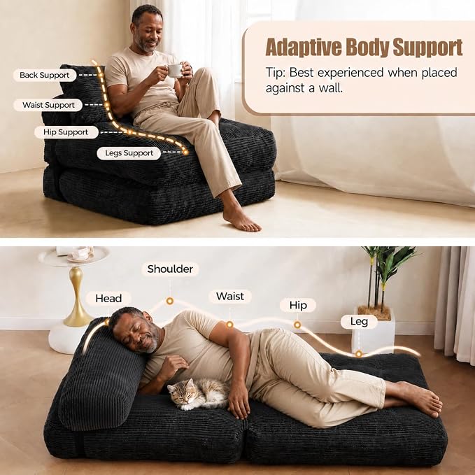 Small Couch Bed Floor Sofa, Foam Chair Bed, Frameless Sofa Sleeper | 3-in-1 - Image 4