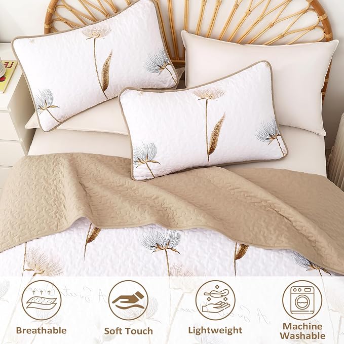 Dinjoy Floral Quilt Set Twin Size, Khaki Bedspreads - Image 8