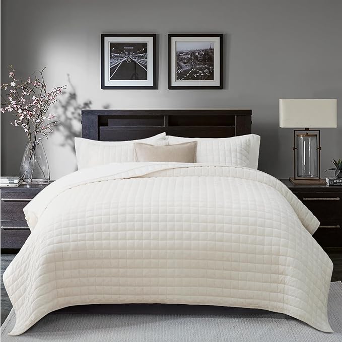 RECYCO Channel Box Stitch Velvet Quilt Set, Full Queen Size, Cream White | - Image 3