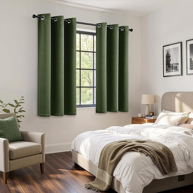 Short Olive Green Blackout Kitchen Curtain W40 x L54 Inch 2 Panels | Thermal - Image 6