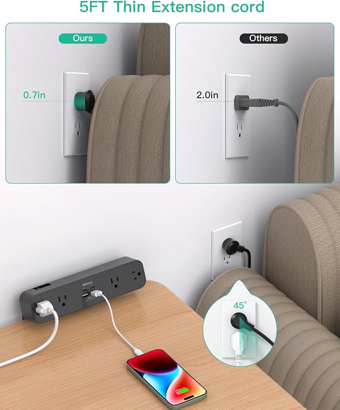 Mifaso PD65W Desk Clamp Power Strip, 1080J Surge Protector, 2 USB C | 4 Outlets - Image 5