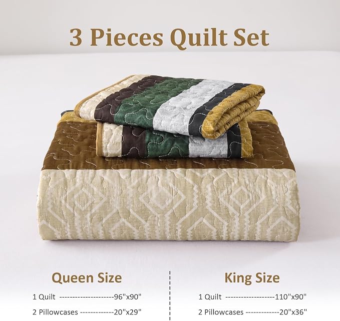 Dobuyly Queen Stripe Quilt Bedding Set, Boho Brown Lightweight Bedspread | - Image 7