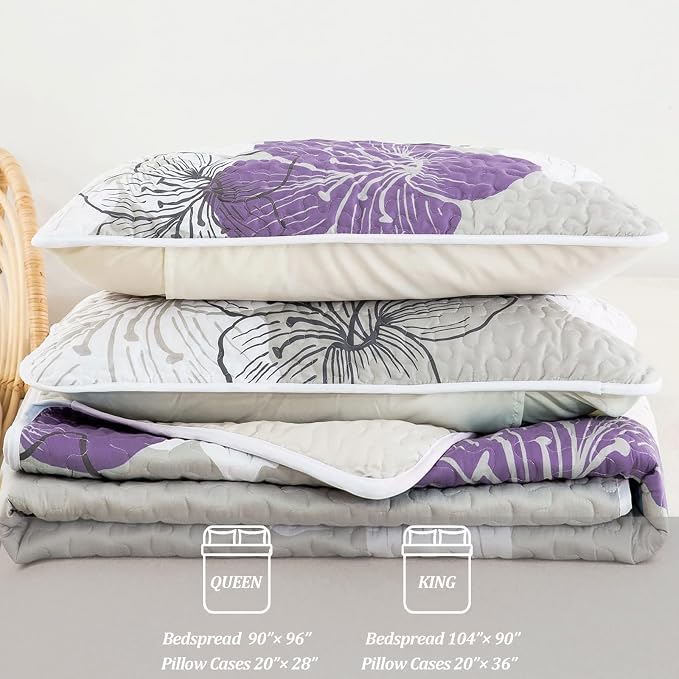 DJY 3 Pieces Quilt Set King Purple Lily Pattern Quilt Coverlet Set Boho Floral - Image 6