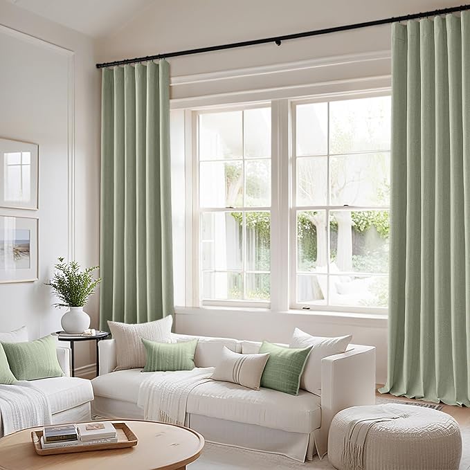 MIULEE 100% Blackout Back Tab Pleat Linen Curtains 50" Wx90 L, Sage Green | 2 - Image 2
