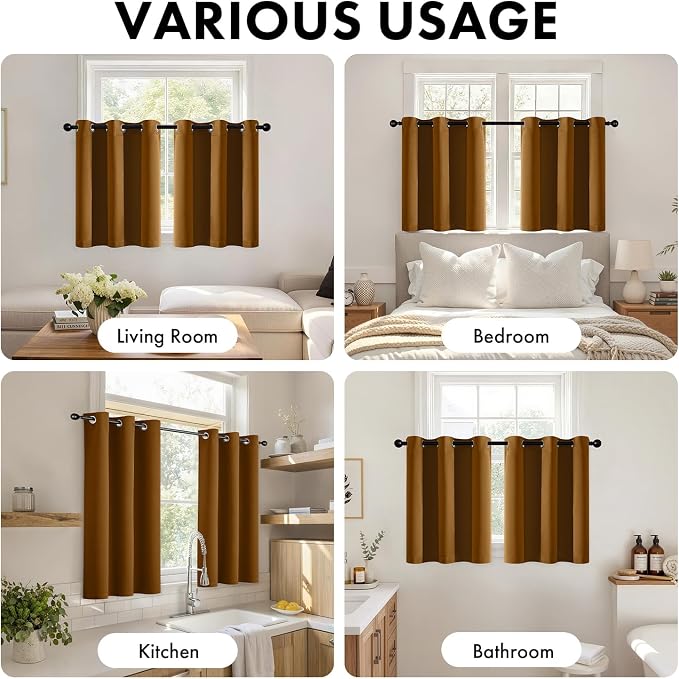 Short Brown Blackout Kitchen Curtain W40 x L45 Inch 2 Panels | Thermal Insulated - Image 5