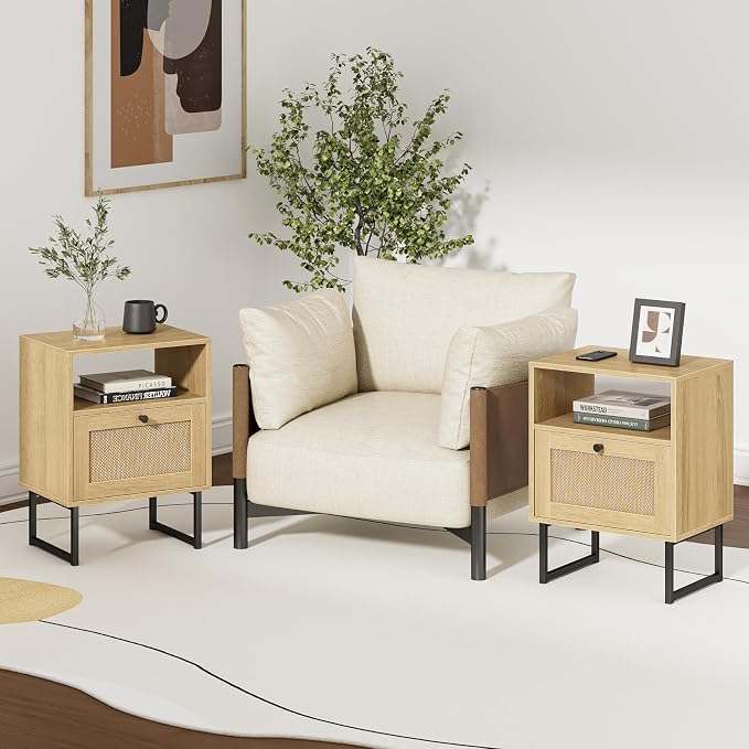 Masupu Extra Large Rattan Nightstand, Modern Boho Farmhouse Wood Bedside Table - Image 5