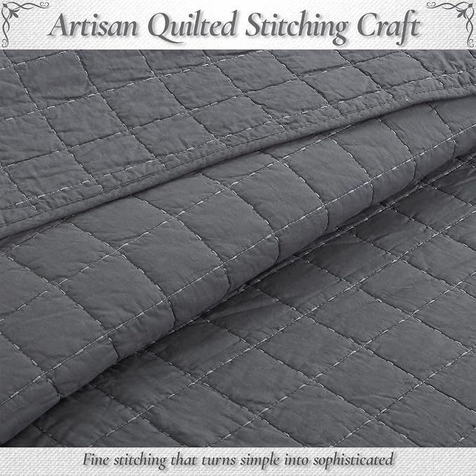 Cozy Line Home Fashions 100% Cotton Quilt Set – 3-Piece Charcoal Gray Solid - Image 5