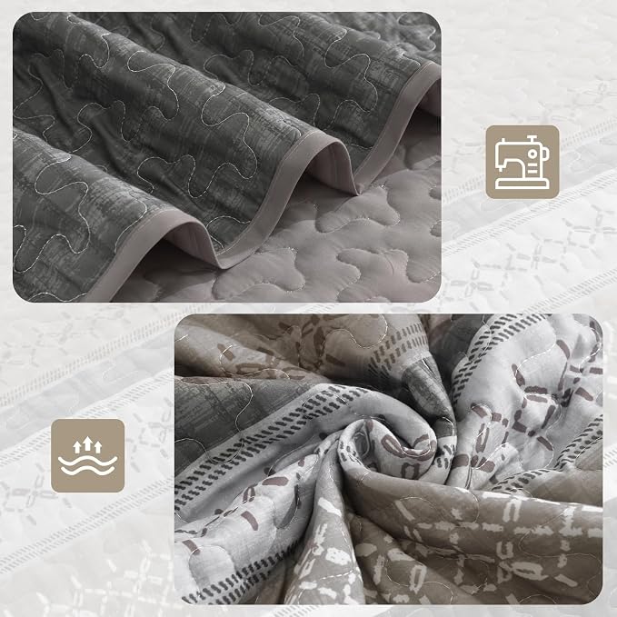 Cottolester Quilt Set King, Taupe Grey Striped Patchwork Bedspread | Modern - Image 4