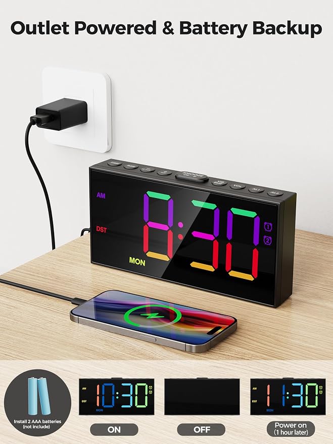 Digital Alarm Clock for Heavy Sleepers, 7.5-Inch RGB Display, Dual Alarms | 10 - Image 5